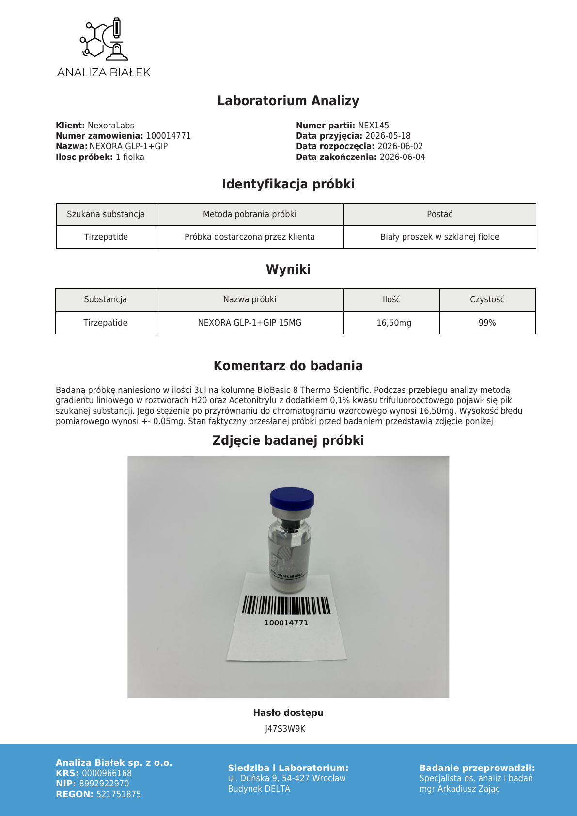 Raport HPLC: GLP-1 + GIP 15 mg, partia NEX145 (podgląd)