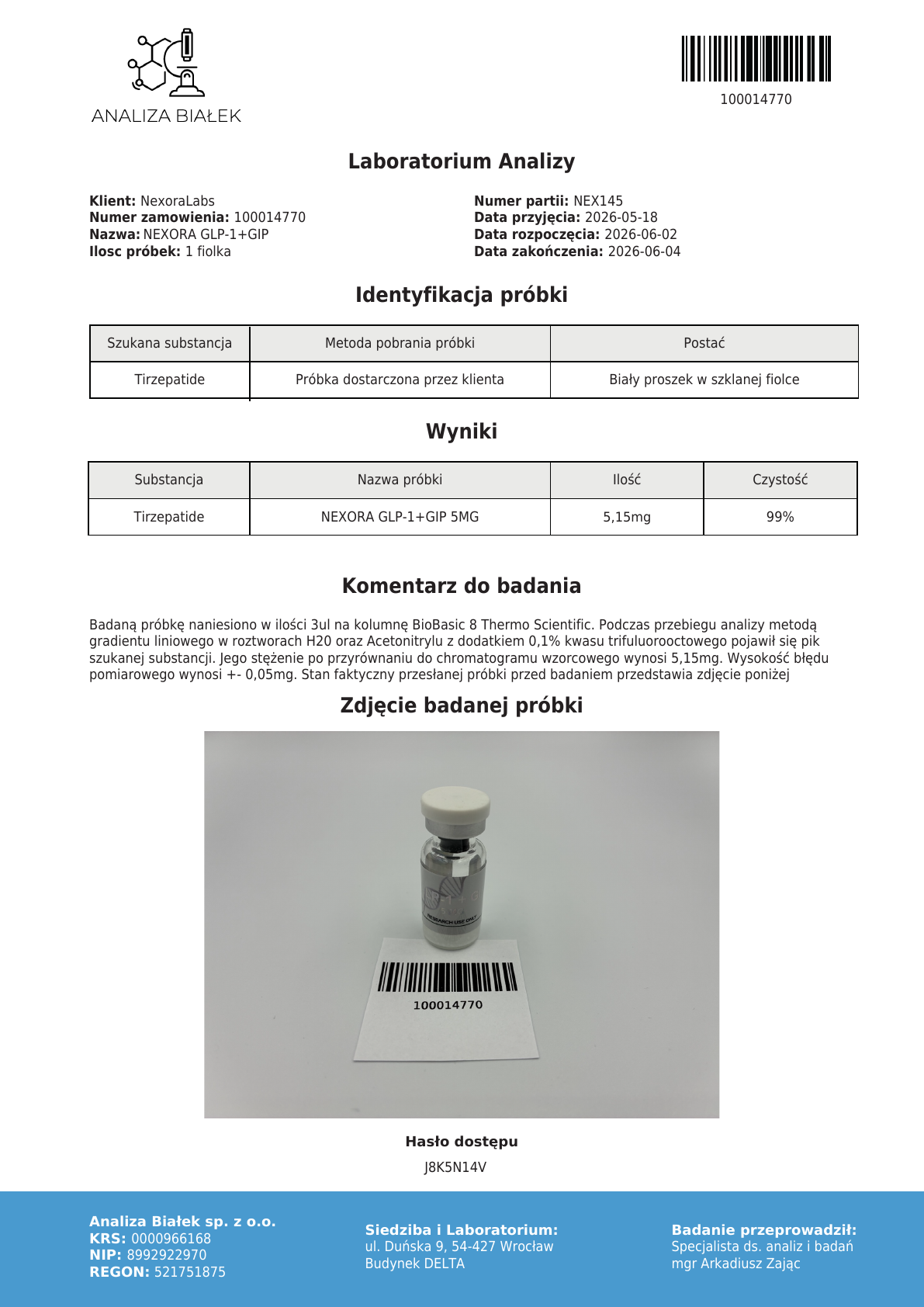 Raport HPLC: GLP-1 + GIP 5 mg, partia NEX145 (podgląd)