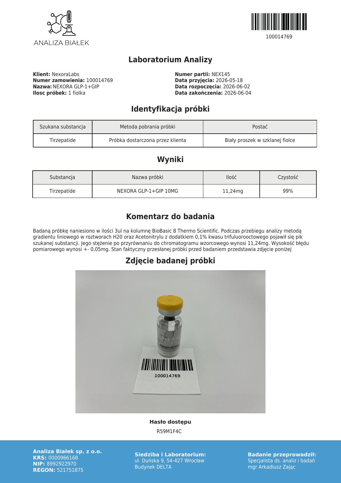 Raport HPLC: GLP-1 + GIP 10 mg, partia NEX145 (podgląd)