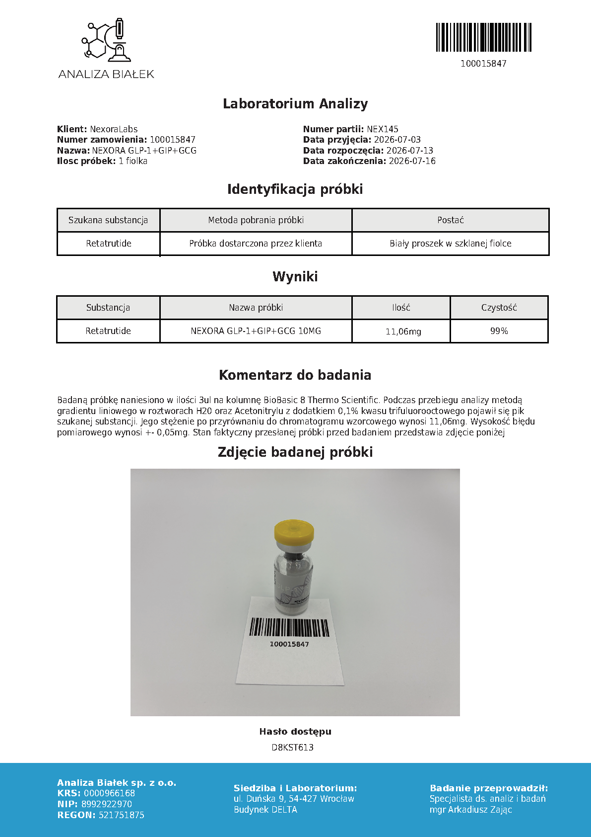 Raport HPLC: Retatrutyd 10 mg, partia NEX145 (podgląd)