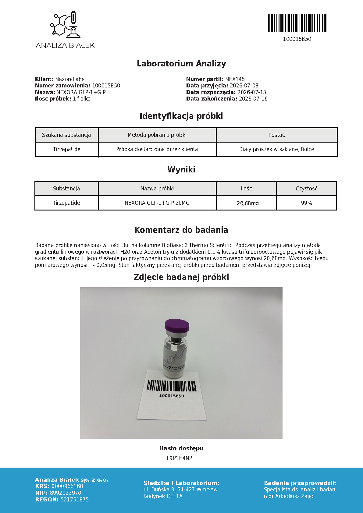Raport HPLC: GLP-1 + GIP 20 mg, partia NEX145 (podgląd)