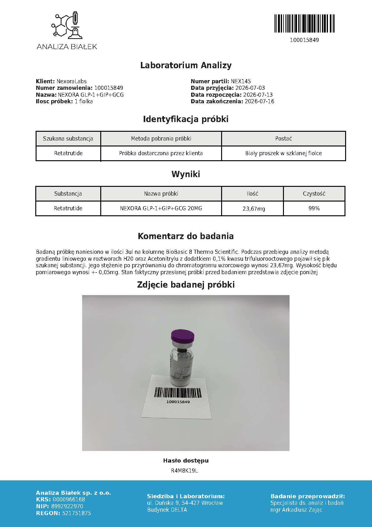 Raport HPLC: Retatrutyd 20 mg, partia NEX145 (podgląd)