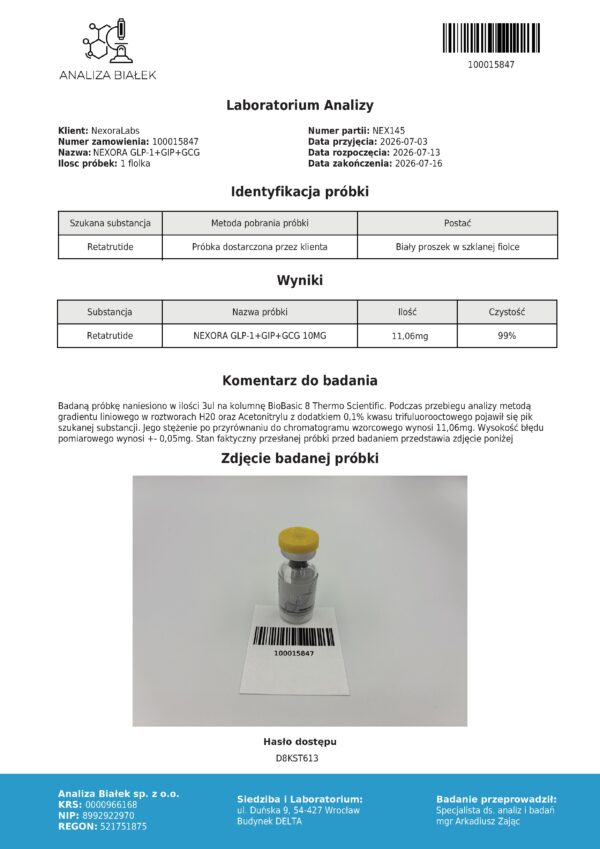 Raport HPLC Retatrutyd 10 mg - identyfikacja probki i wyniki