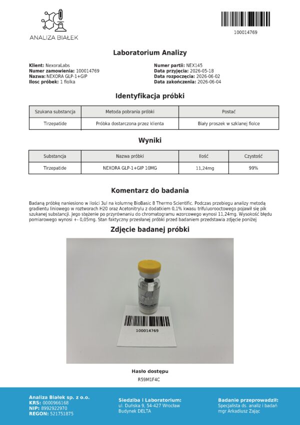 Raport HPLC Tirzepic 10 mg - identyfikacja probki i wyniki