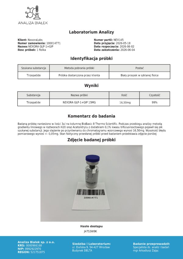 Raport HPLC Tirzepic 15 mg - identyfikacja probki i wyniki