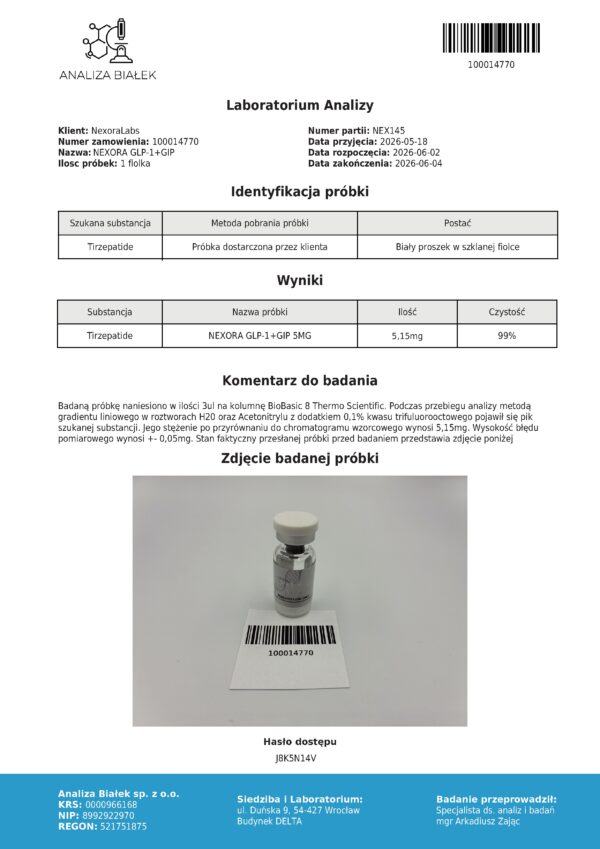 Raport HPLC Tirzepic 5 mg - identyfikacja probki i wyniki