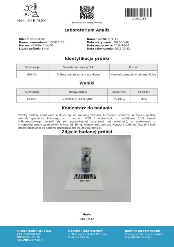 COA GHK-Cu 50 mg NEX145 2026-10-12 strona 1 COA GHK-Cu 50 mg NEX145 2026-10-12 strona 1