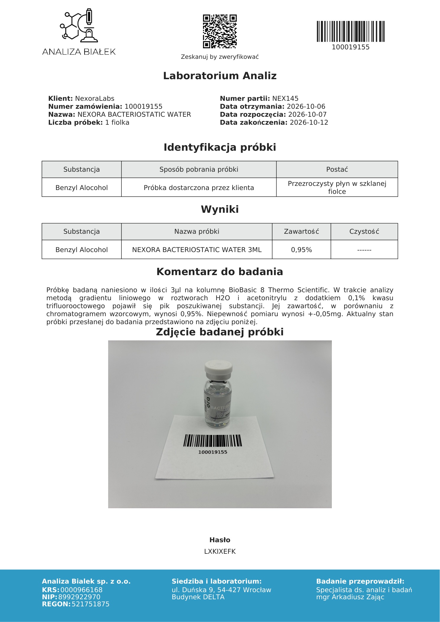 COA Woda bakteriostatyczna BAC 3 ml, NEX145, 12.10.2026